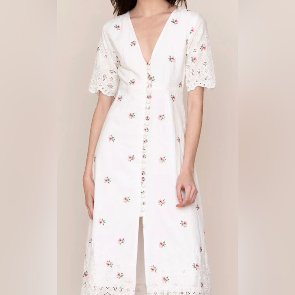 Yumi Kim XL White embroidered Floral Button-Front Midi PROVENCE Dress